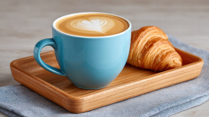 Latte heart swirl art in mug with creamy texture beside croissant on wooden tray evokes warmth