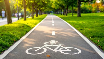 Obraz premium Bike path in park with trees and green grass.
