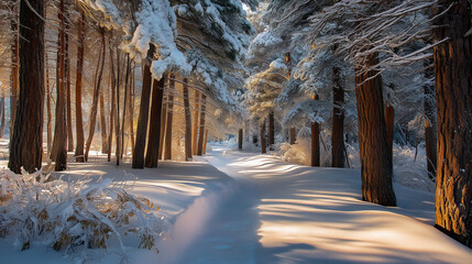 Peaceful winter forest path covered in fresh snow with warm sunlight streaming through frosty trees, capturing the serene beauty of a snowy woodland
