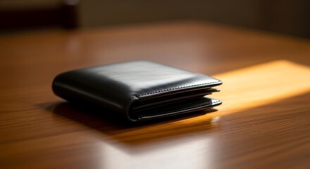 Leather Wallet Resting on a Wooden Table in Warm Light Offering a Sense of Practicality and Everyday Use