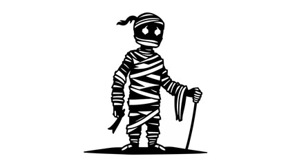 Cartoon illustration of a mummy figure wrapped in bandages, holding a cane, standing on a small patch of ground.