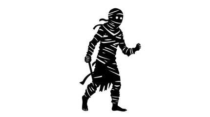 Cartoon mummy figure standing with a cane, wrapped in bandages, isolated on white, with dark eyes.