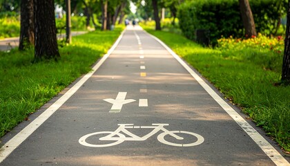 Obraz premium Dedicated Bike Path Through Lush Green Trees.