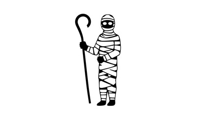 Cartoon mummy figure standing with a cane, wrapped in bandages, isolated on white, with dark eyes.