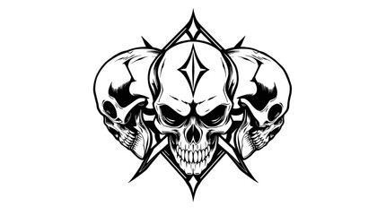 Three skulls arranged around a diamond shape, with spikes emanating from the center skull. Black and white illustration.