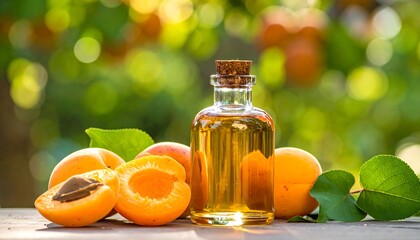 Apricot oil bottle with fresh apricots and green leaves.