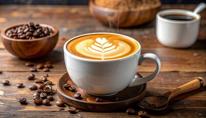 Aromatic Latte Art Coffee Cup with Roasted Beans on Wooden Table.