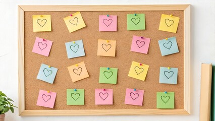 Cork Board Covered with Heart Themed Sticky Notes in Pastel Colors and Organized Layout Style