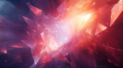 Abstract geometric shapes radiate with vibrant light and color, creating a dynamic and multidimensional visual experience.