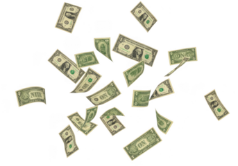 Numerous one dollar bills captured in mid-air dynamic money shower finance prosperity transparent background