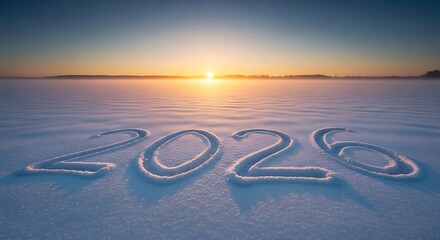 Year written in snow at sunset over a frozen lake with a clear blue sky and distant horizon line