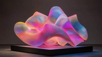Abstract sculpture exhibits colorful light patterns and wireframe structure on a black platform.
