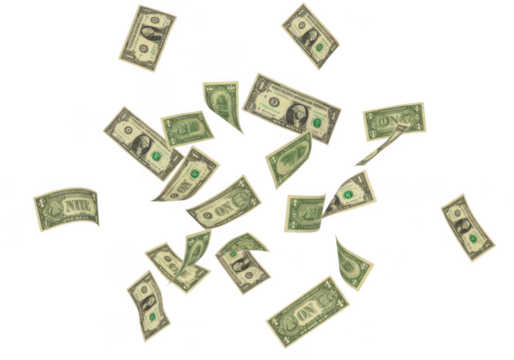 Numerous one dollar bills captured in mid-air dynamic money shower finance prosperity transparent background - Powered by Adobe