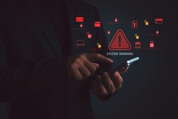 Cybersecurity system warning alert on smartphone,concept of hacking risk,data breach,information security protection,online threat prevention,digital network safety awareness