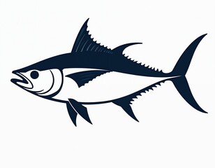 Obraz premium Tuna fish silhouette icon on white background. Elegant dark blue fish shape with fins and tail. Simple visual illustration of seafood animal isolated on clean white background.