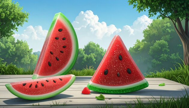 Watermelon slices on a wooden surface in a summery outdoor setting