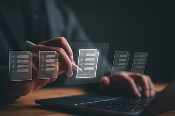 Businessman digitally signing electronic contract on laptop,online document approval workflow,paperless agreement management,electronic signature technology for business efficiency