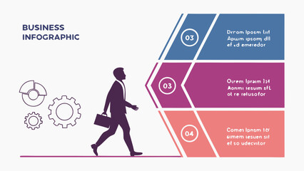 Business infographic with a walking businessman, gears and colorful diagram showing steps and information