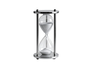 Elegant, metallic hourglass.  Clear glass hourglass with white sand,  mounted on a circular, polished metal base.  Sleek, modern design