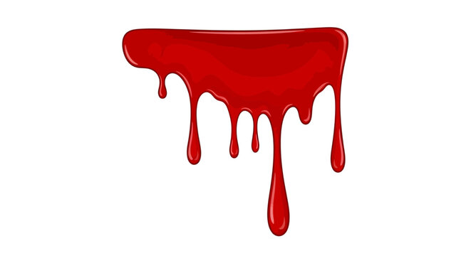 Vivid red liquid dripping down, creating a messy, organic shape on a clean white background, resembling blood or paint.