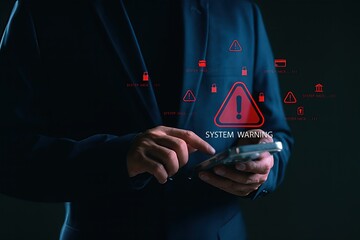 Cybersecurity system warning alert with hacking risk icons on smartphone,digital data breach threat,information protection,online safety awareness,network security monitoring