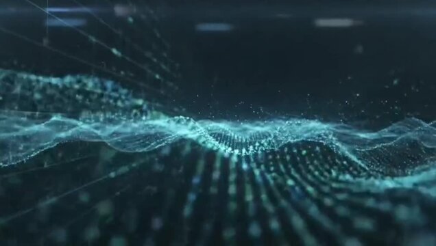 A stylized digital landscape with undulating turquoise dottedlines  gridlines against a dark background