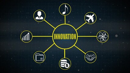 Innovation concept diagram with icons for finance business travel science music and data - Powered by Adobe