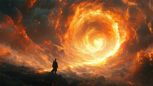 Man stands before a swirling fiery portal in a dramatic sky.