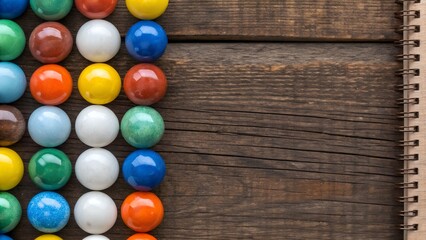 Colorful Marbles Bordering Dark Brown Weathered Wood Next to a Spiral Notebook