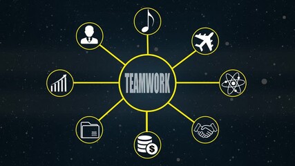 Teamwork concept diagram with connected icons representing diverse business and life elements collaboration - Powered by Adobe