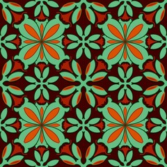 seamless floral background,green, orange curves,painted create to flower shape,leaves with brown background in geometric patterns as sarong,fabric,tile,printed fabric,batik,tablecloth patterns.