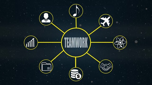 Teamwork concept diagram with connected icons representing diverse business and life elements collaboration - Powered by Adobe