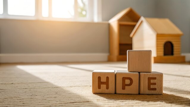 HPE Alphabet Blocks Wooden Houses and Window Creating Childhood Indoor Scene