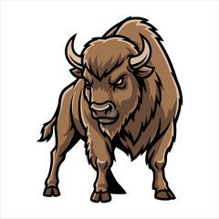 Illustration of a charging brown bison with horns on a white background