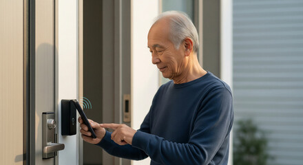Senior Asian man uses his smartphone for keyless entry with a smart lock, embracing modern home security technology for convenience