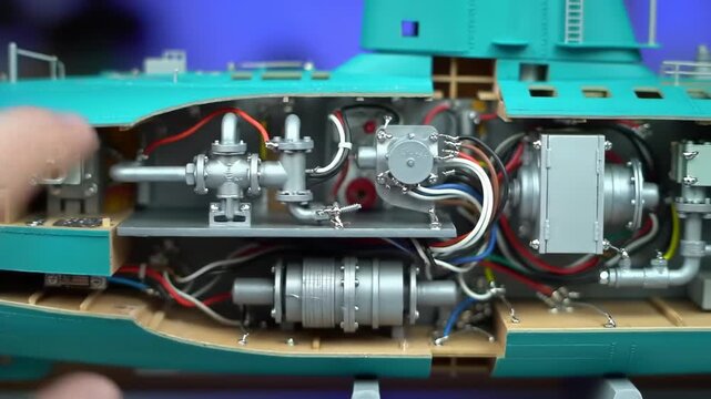Detailed inside view of a green submarine model with exposed wires