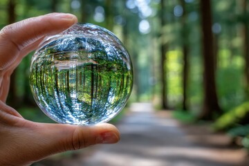 Hand holding crystal ball reflecting forest path