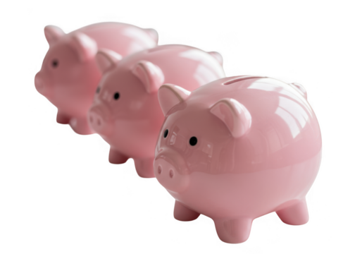Three adorable pink ceramic piggy banks displayed in a row for savings transparent background - Powered by Adobe