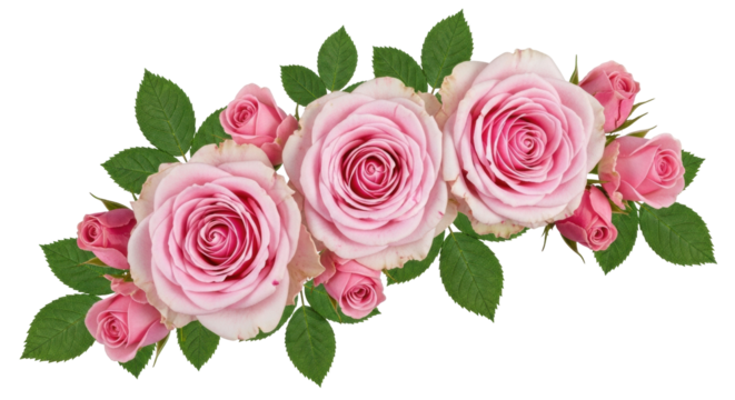 Isolated garland of pink roses and green foliage on a horizontal frame, floral flourish