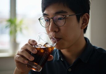 Young Asian man with glasses drinking a cold iced beverage from a glass.