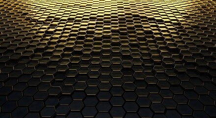 Abstract golden hexagonal pattern with dramatic lighting and a dark, futuristic feel