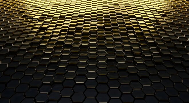 Abstract golden hexagonal pattern with dramatic lighting and a dark, futuristic feel - Powered by Adobe