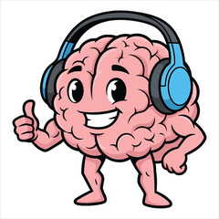 Cartoon brain character wearing headphones and giving a thumbs up on a white background