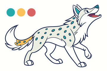 Walking Wolf Cartoon Style, Grey and White Fur with Teal Spots,Vector
