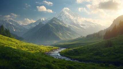 Fototapeta premium Idyllic mountain landscape with river and green meadows