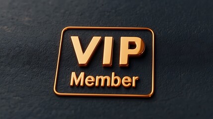 A shiny gold badge displaying "VIP Member," symbolizing exclusivity and membership status against a textured dark background.