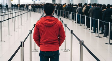 Fototapeta premium Young man in red hoodie stands in line at airport security or immigration, waiting patiently
