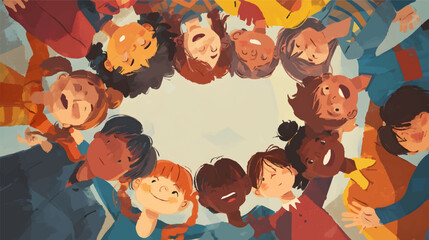 A group of diverse children smiling and singing together in a circle, colorful clothing, joyful expressions, playful atmosphere