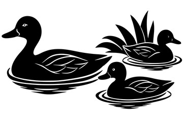 A duck family swimming in a calm pond