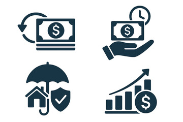 Finance icon set for business services. Concepts of cash back, quick loan, home insurance, and return on investment. Vector for fund management and stock market growth chart.